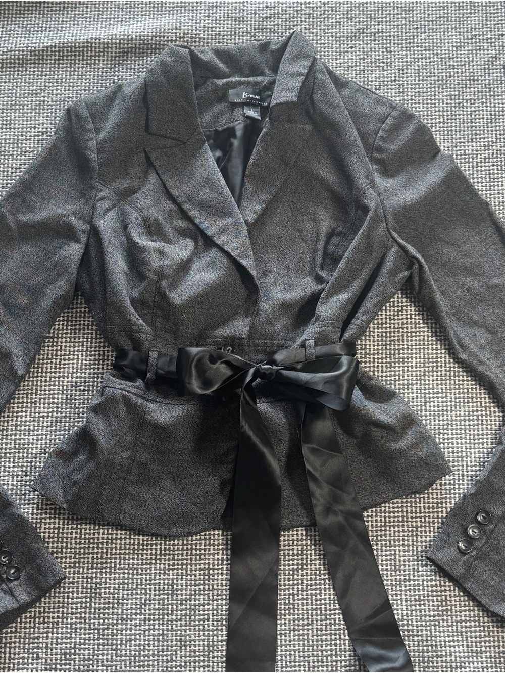 Bwear Women's Charcoal Gray Peplum Blazer with Satin Tie Belt